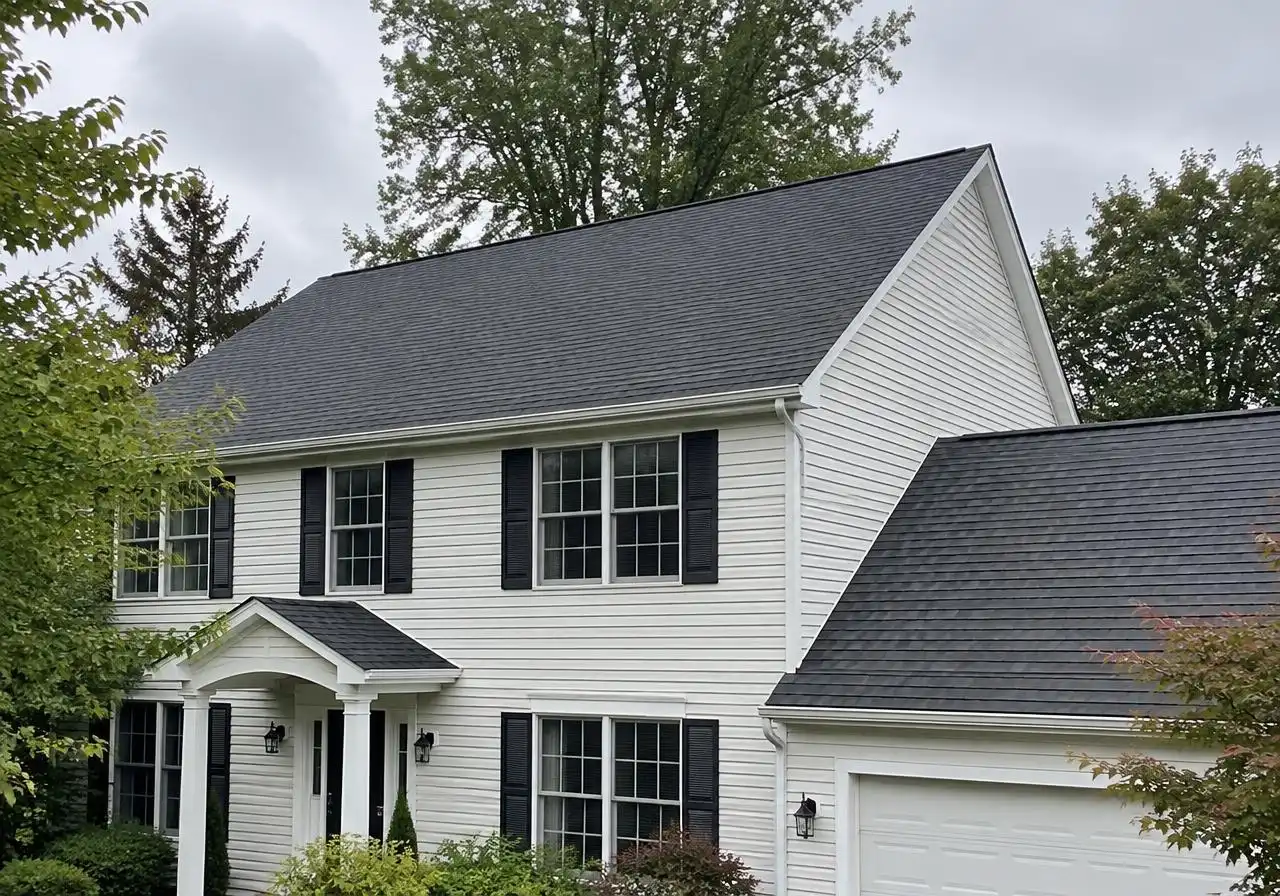 Two-story Akron area colonial home with a new dark gray architectural asphalt shingle roof